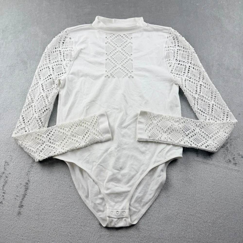 Free People Intimately Women's M/L Crochet Sleeve Mock Neck‎ Bodysuit White